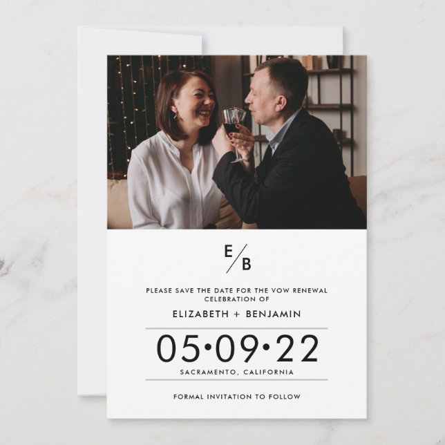 Save The Date Renouvellement de Voeux Élégant avec Photo et Mono (Devant)