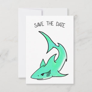 Save The Date requin souriant de dessin animé bleu vert océan an