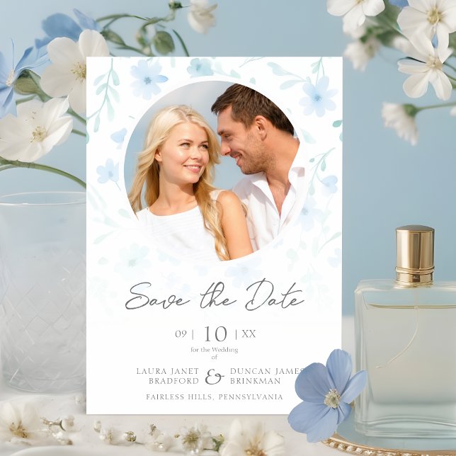 Save The Date Reserva La Fecha Fancy Flowers Classic Floral Blue (Fancy Flowers Classic Floral Blue Shades Photo Save the Date with Envelope. )