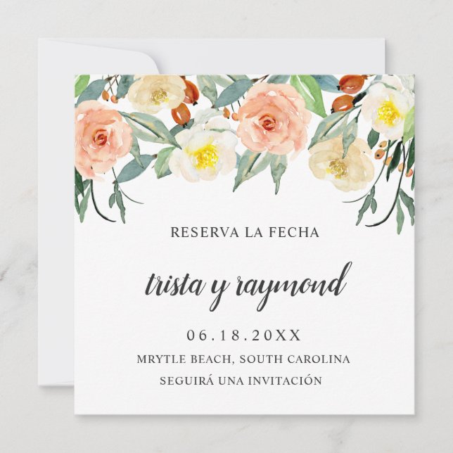 Save The Date Reserva La Fecha Peach Floral Botanal Espagnol (Devant)
