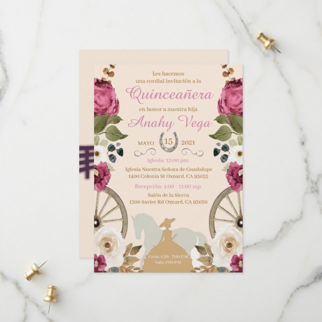 Save The Date Reserva La Fecha Quinceanera Pink Charra, Purple (Devant/Arrière en situation)