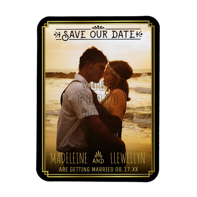 Save the Date Retro Black Gold Deko Wedding Foto Magnet (Vertikal)