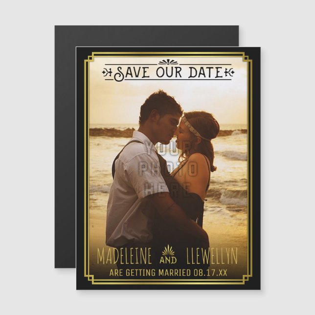 Save the Date Retro Black Gold Deko Wedding Foto Magneteinladung (Vorne/Hinten)
