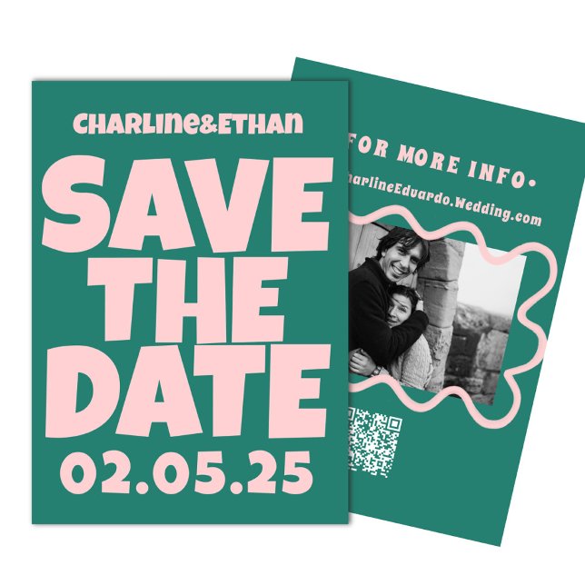 Save The Date Retro Funky Rose Green Enregistrer la date Code QR (Créateur téléchargé)