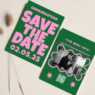 Save The Date Retro Funky Rose Green Enregistrer la date Code QR