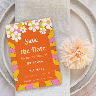 Save The Date Retro Hippie Style Daisy & Orange Arch les années