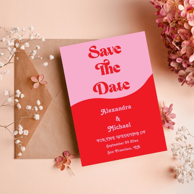 Save The Date Retro les années 70 mariage rose et rouge néon Enr (Créateur téléchargé)