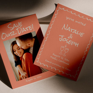 Save The Date Retro Main dessinée Écrit Corail Photo Mariage fun