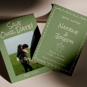 Save The Date Retro Main dessinée Écrit Vert Funky Photo Mariage