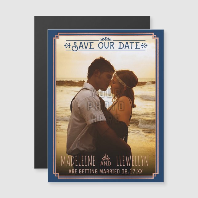 Save the Date Retro Rose Gold Deko Wedding Foto Magneteinladung (Vorne/Hinten)
