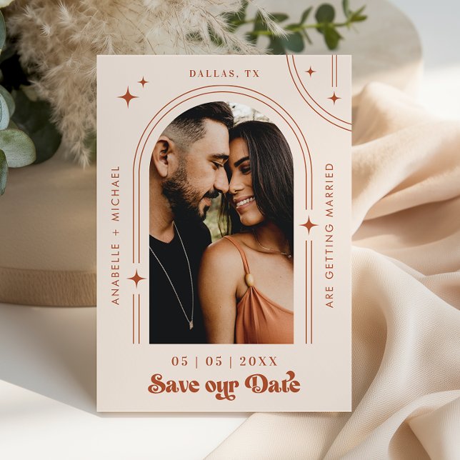 Save The Date Retro Script Boho Arch Photo Terracotta Mariage (Créateur téléchargé)