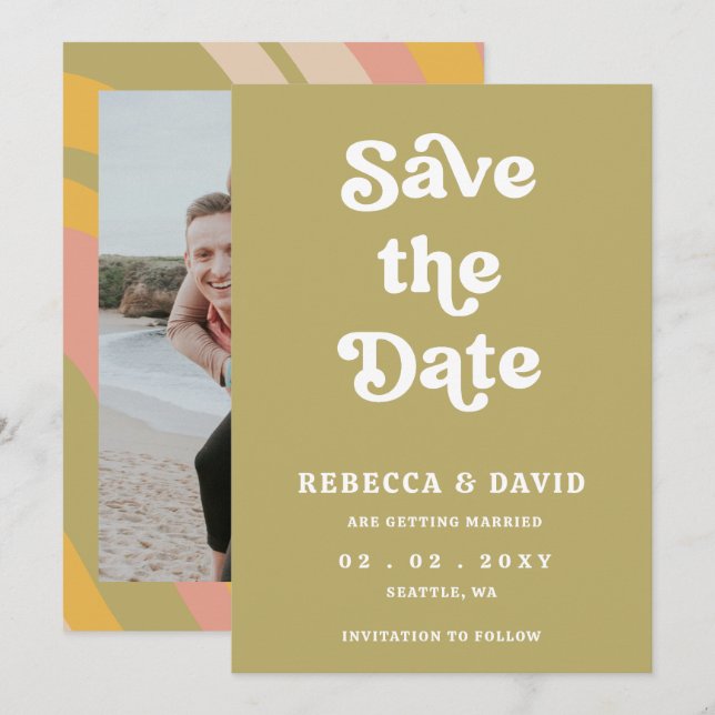Save The Date Retro Super les années 70 Cute Green Photo Mariage (Devant / Derrière)