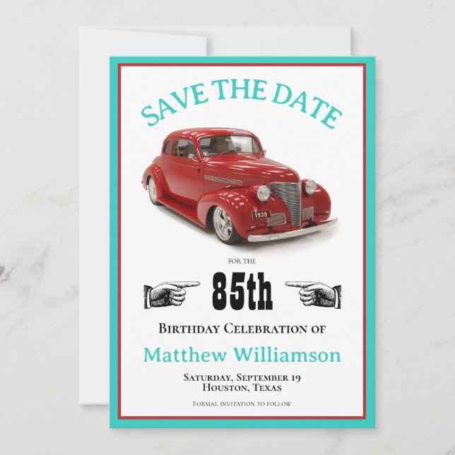 Save The Date Retro Turquoise & Rouge 1939 Coupe 85e anniversair (Devant)