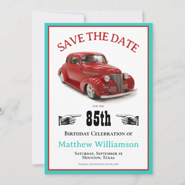 Save The Date Retro Turquoise & Rouge 1939 Coupe 85e anniversair (Devant)