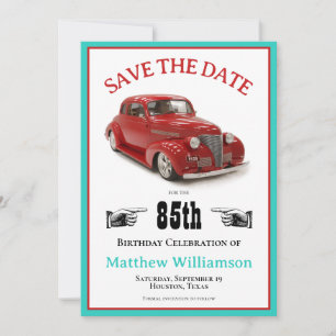 Save The Date Retro Turquoise & Rouge 1939 Coupe 85e anniversair