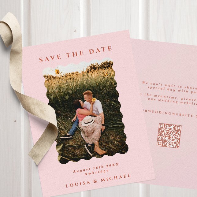 Save The Date Retro Wavy Photo & QR Code Blush Mariage (Créateur téléchargé)