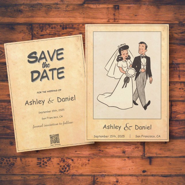 Save The Date Retro Whimsical Bride et Groom Comic Mariage de li (Créateur téléchargé)