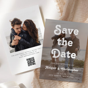 Save The Date Retro White Text Overlay 2 Photo QR Code Mariage