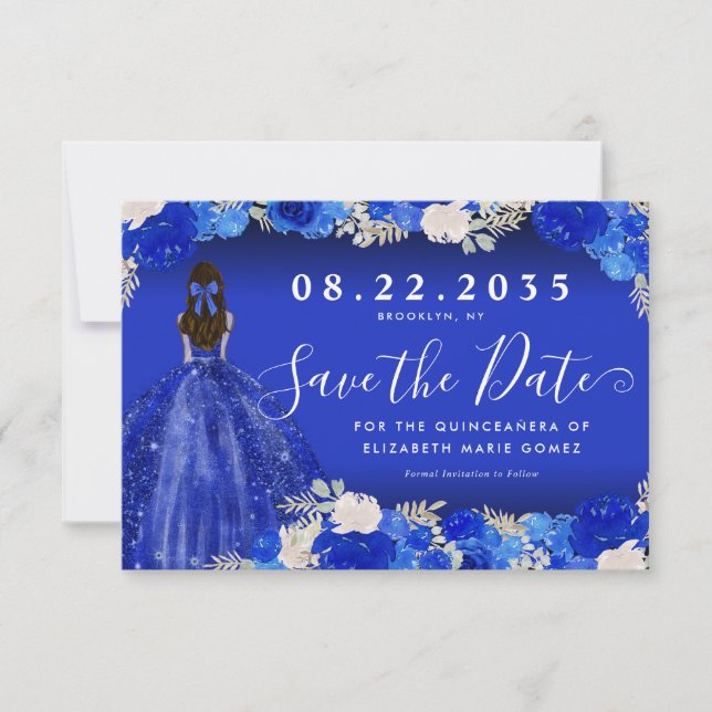 Save The Date Robe bleue royale florale Anniversaire Quinceanera (Devant)