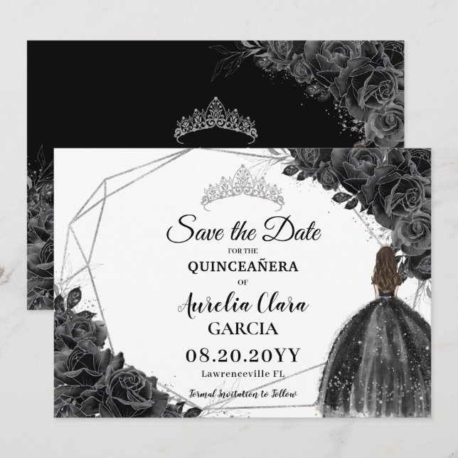 Save The Date Robe Florale Rose noire XV 15 Silver Quinceañera (Devant / Derrière)