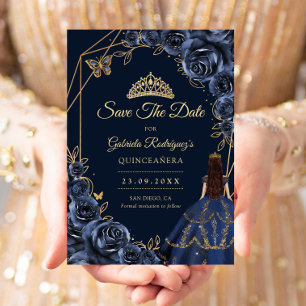 Save The Date Robe papillon dorée bleu marine pour Quinceanera F