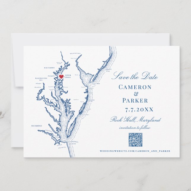Save The Date Rock Hall Maryland Mariage Elegant Navy Code QR (Devant)