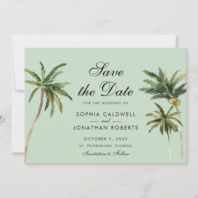 Save The Date Romance Tropicale Palmiers Pastel Green Mariage (Devant)
