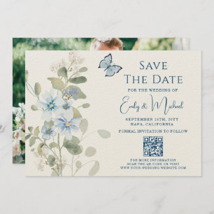 Save The Date Romantic Blue Floral Photo QR Code Mariage