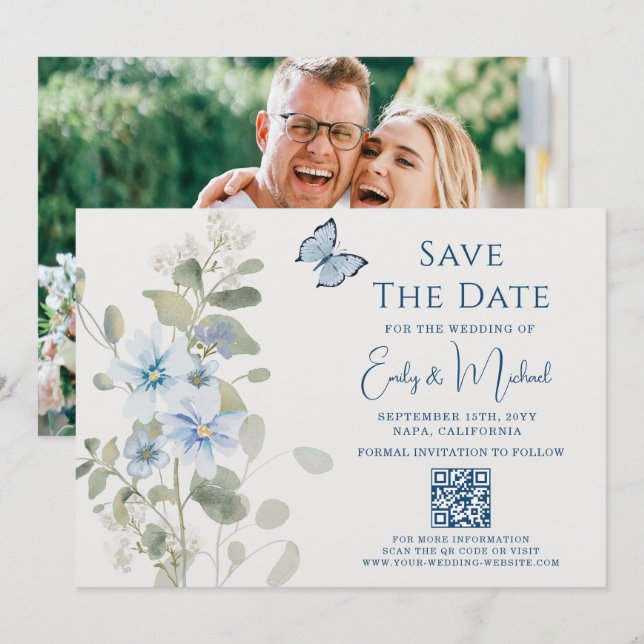 Save The Date Romantic Blue Floral Photo QR Code Mariage (Devant / Derrière)