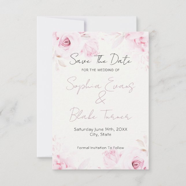 Save The Date Romantic Pink Roses Elegant and Pretty (Devant)