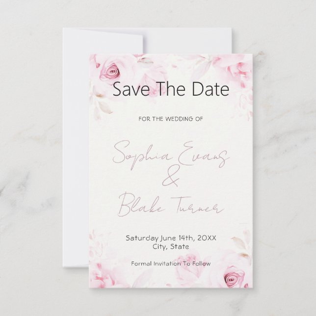Save The Date Romantic Pink Roses Elegant and Pretty (Devant)
