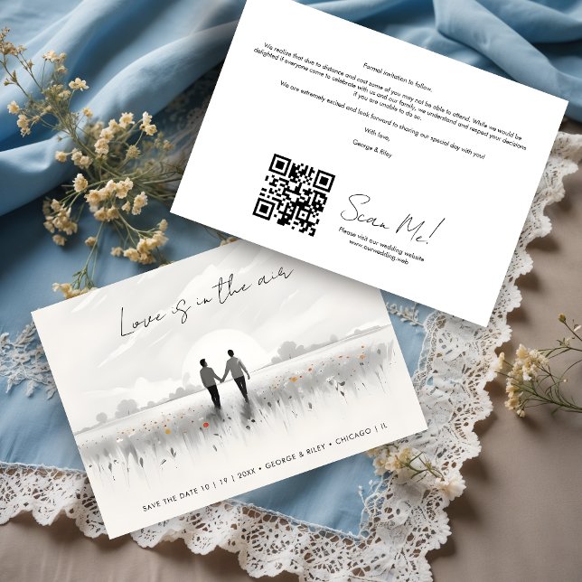 Save The Date Romantic Sweet Cute Wildflowers Field Gay Couple (Romantic Charming Sweet Cute Wildflowers Field with Walking Gay Couple Wedding Save the Date Cards.)