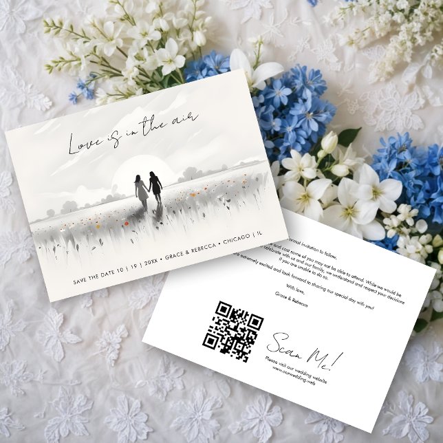 Save The Date Romantic Sweet Wildflowers Field Lesbian Couple (Romantic Charming Sweet Cute Wildflowers Field, Walking Lesbian Couple Wedding Save the Date Cards.)
