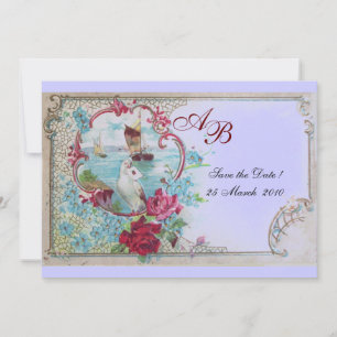 Save The Date ROMANTICA  MONOGRAM Fleurs Rose Bleu Mariage Fête