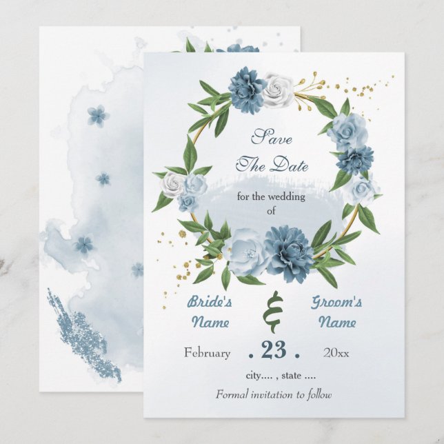 Save The Date Romantique bleu blanc fleurs or couronne (Devant / Derrière)