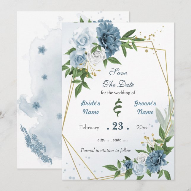 Save The Date Romantique bleu blanc fleurs or géométrique (Devant / Derrière)