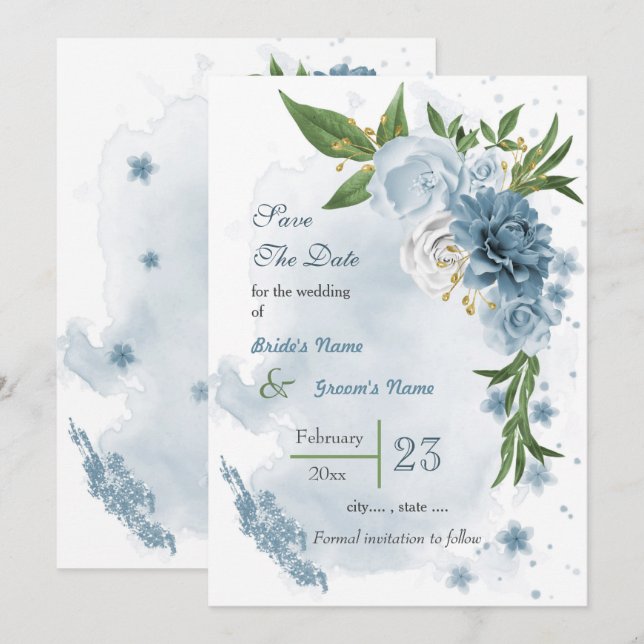 Save The Date Romantique bleu blanc fleurs verdure (Devant / Derrière)