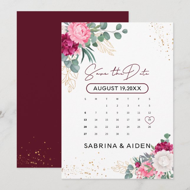 Save The Date Romantique Burgundy Blush Rose Floral Enregistrer  (Devant / Derrière)
