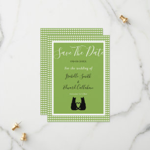 Save The Date Romantique Chat Noir Couple Vert En vichy Motif