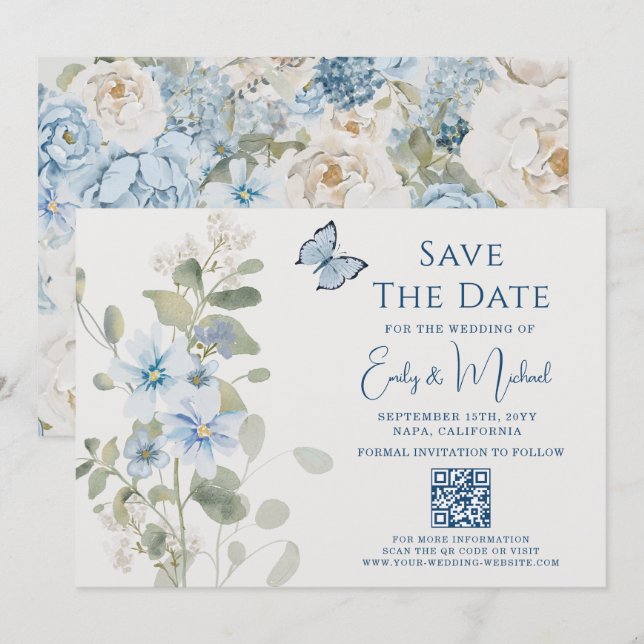 Save The Date Romantique Dusty Blue Floral Code QR Mariage (Devant / Derrière)