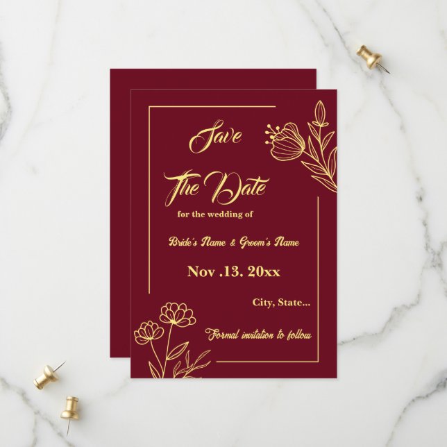 Save The Date Romantique élégante fleur or bordeaux mariage (Devant/Arrière en situation)