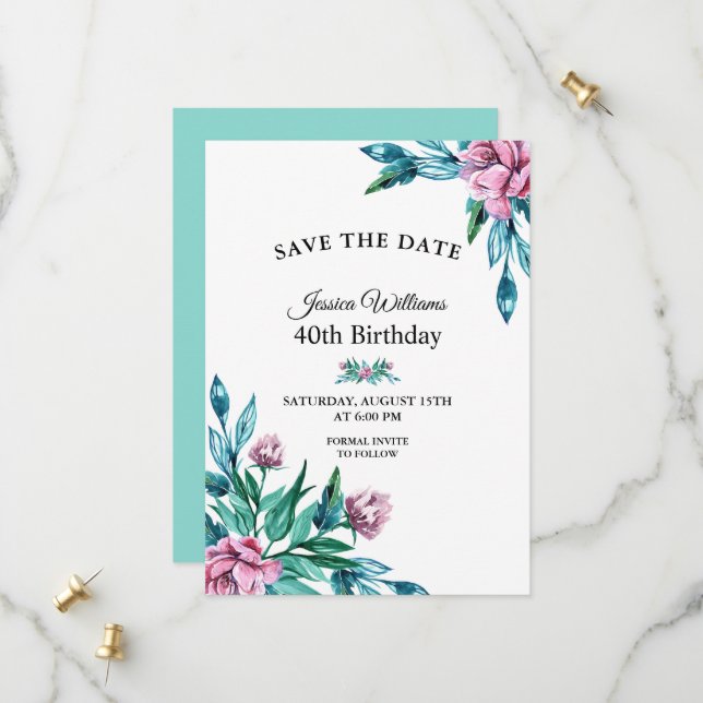 Save The Date Romantique Feminine Floral 40e anniversaire (Devant/Arrière en situation)