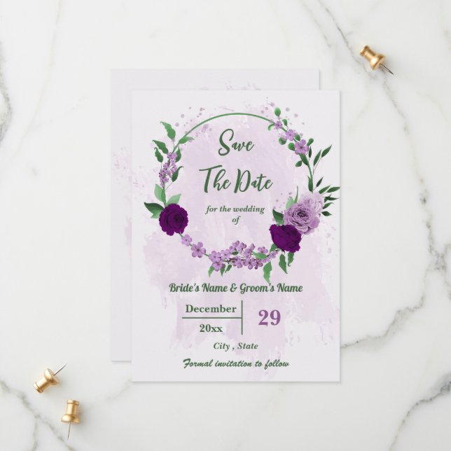 Save The Date Romantique fleurs violet vert mariage (Devant/Arrière en situation)
