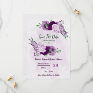 Save The Date Romantique fleurs violet vert mariage