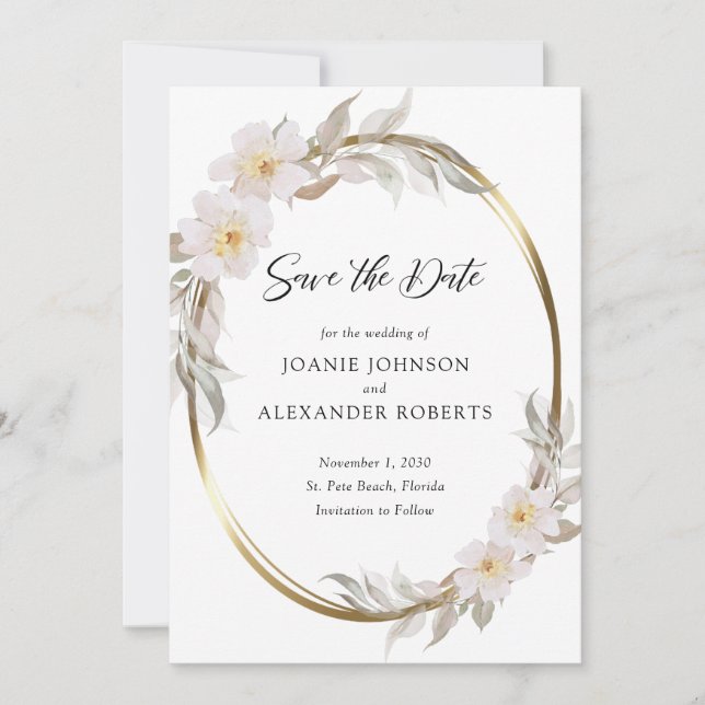 Save The Date Romantique rose Floral Élégant Foliage Or Cadre (Devant)