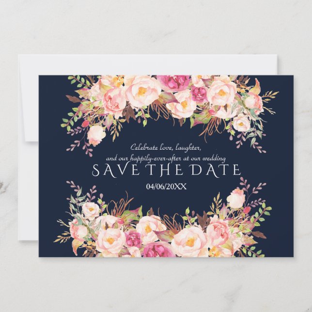 Save The Date Romantique rose rose Fleurs blanches Marine Mariag (Devant)