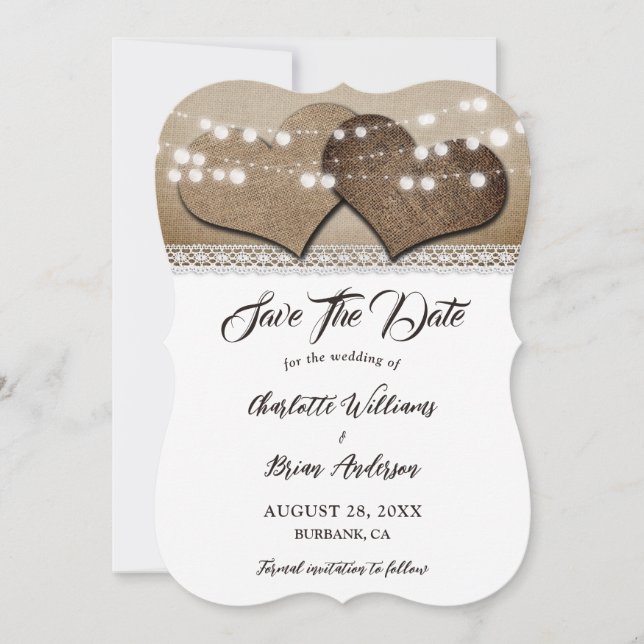 Save The Date Romantique Rustique Burlap Mariage de dentelle de  (Devant)