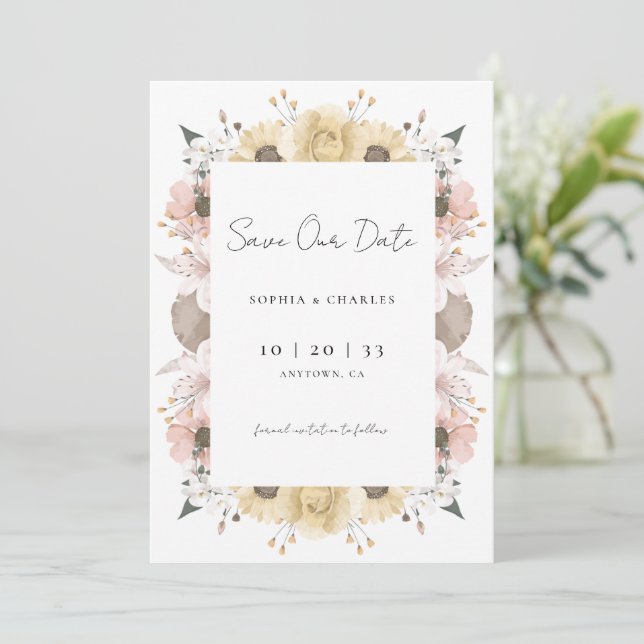 Save The Date Romantique Rustique Floral Neutre Mariage photo En (Debout devant)