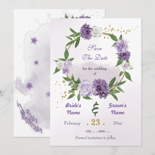 Save The Date Romantique violet fleurs blanches rouge couronne o (Devant / Derrière)