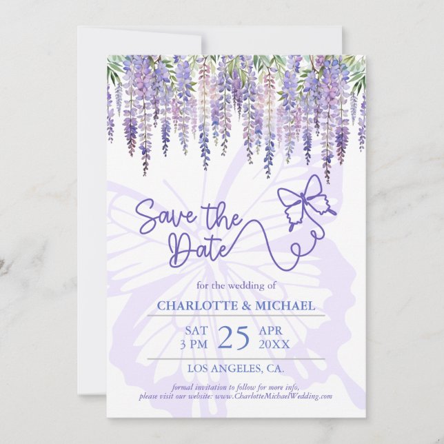 Save The Date Romantique Wisteria & Butterfly Garden Mariage (Devant)